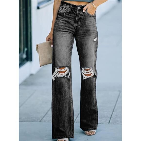 Denim - Black Wash Ripped Distressed High Waist Flare Jeans Wide Leg Straight Denim Jean